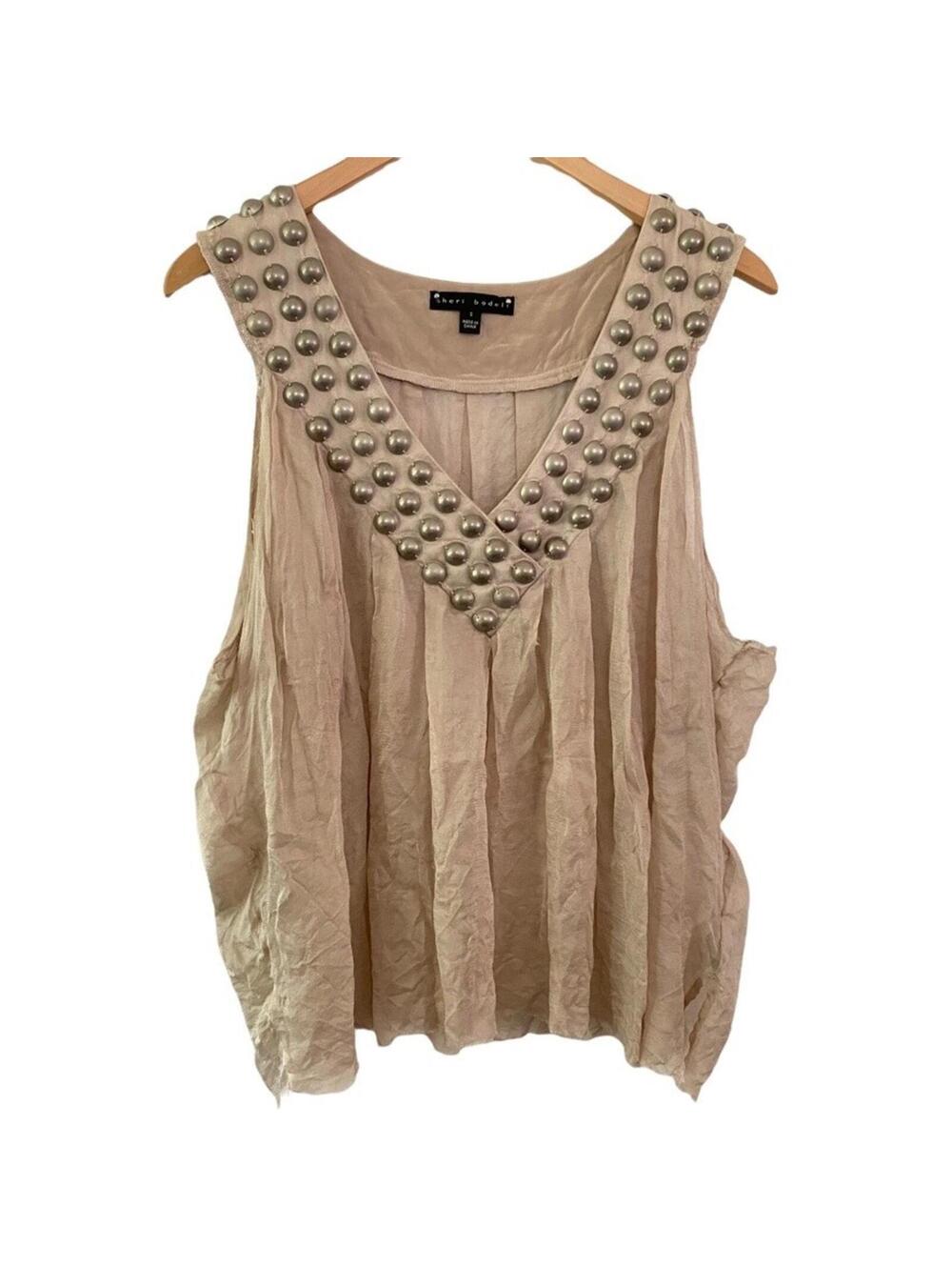 Sheri Bodell Sleeveless Silk Top Embellished Studded Sheer Beige